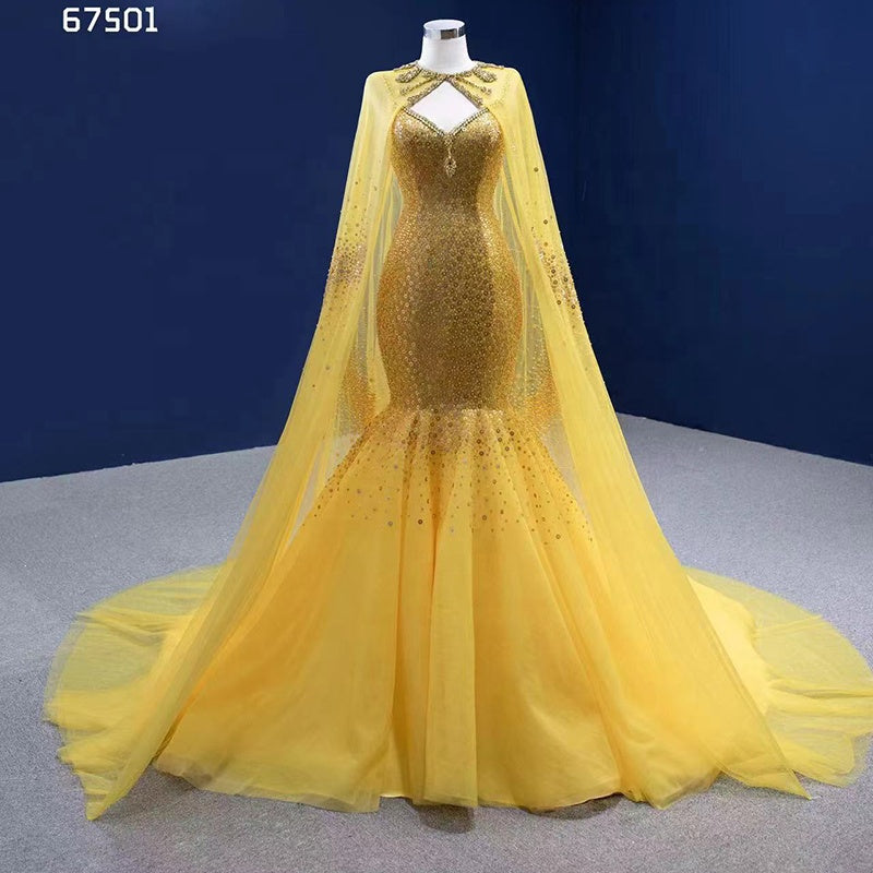 Fish Scale Yellow Detachable Shawl Ladies Sequin Dress
