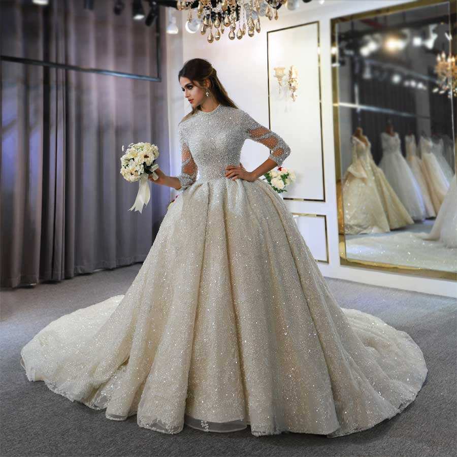 White Elegant  With Big Lace Train Long Sleeve Wedding Dress