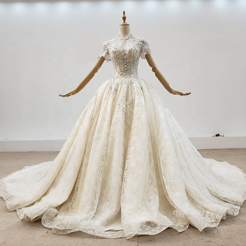 High Quality Neck Luxury Elegant Bridal Gown Wedding Dress - Image 3