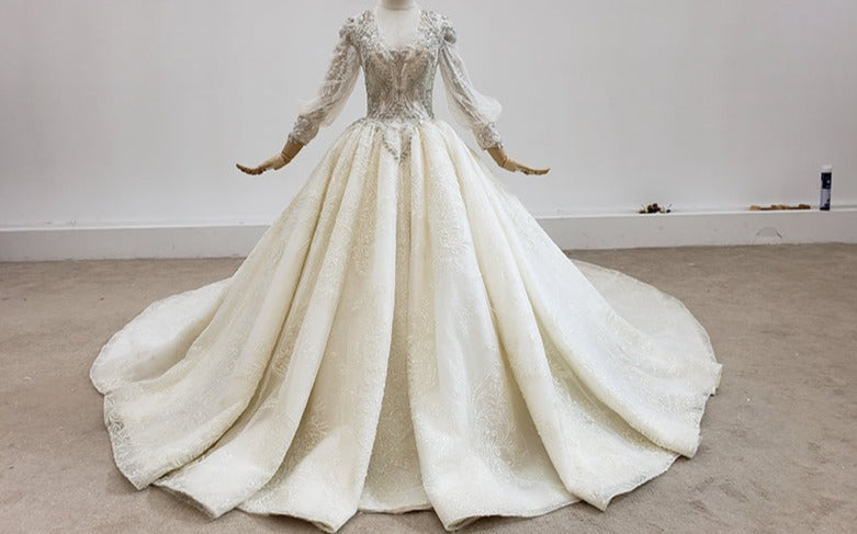 Heavy Beading Lace Long Sleeve Applique Wedding Gown Dress - Image 4