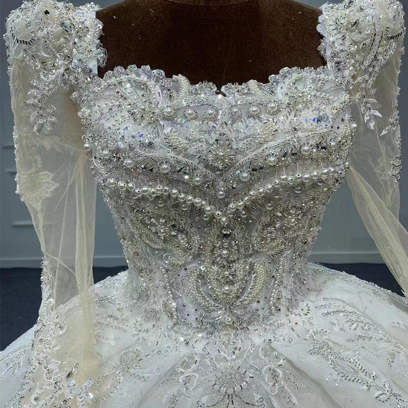 Square Neck Beaded Sequin Long Sleeve Wedding Dress - Image 6