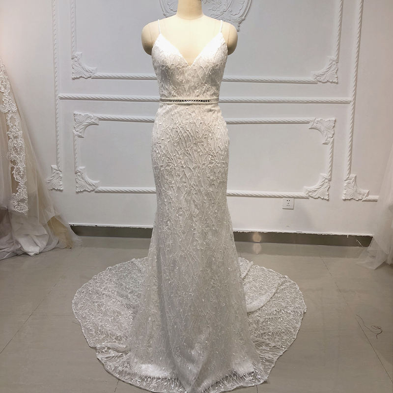 Luxury Spaghetti Strap White V-Neck Floral Print Mermaid Wedding Dress