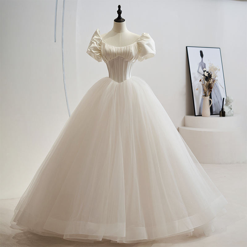Puff Sleeve Backless Organza Ball Gown Lace Up Weeding Dresses