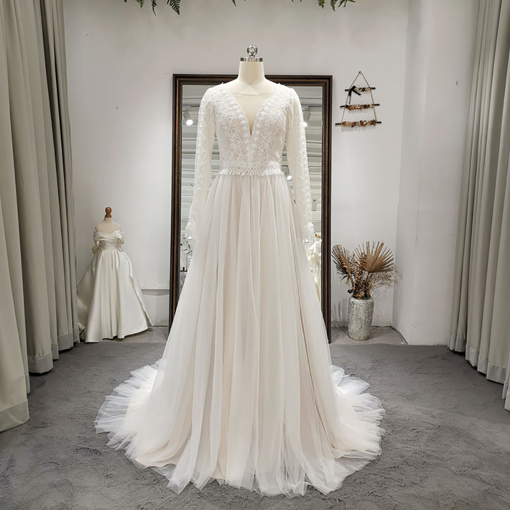 Perfect Boat Neck Long Sleeve Pearls Pattern A-line As Floor Wedding Dresses