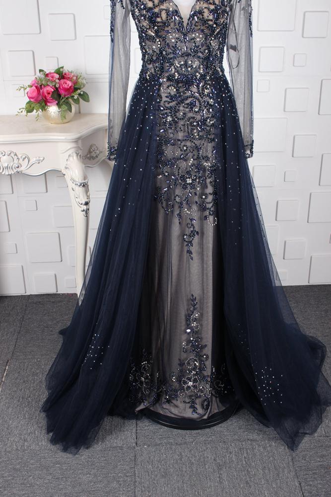 Full Sleeve V-Neck Brush Train Party Dress Illusion Beading A-Line Crystal Evening Dress - Image 4