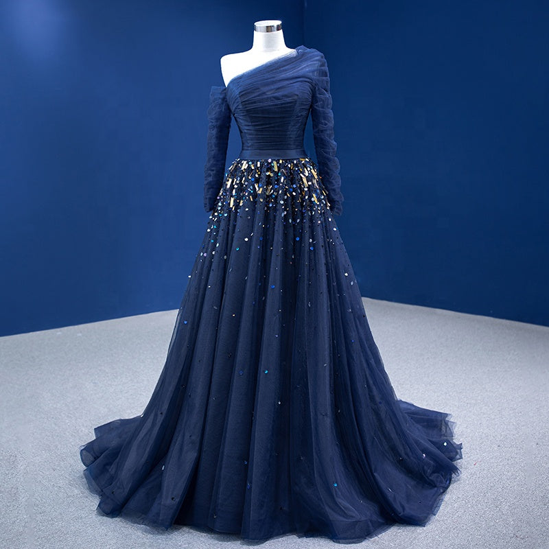 Bling Blue One Shoulder Evening Gown Dress