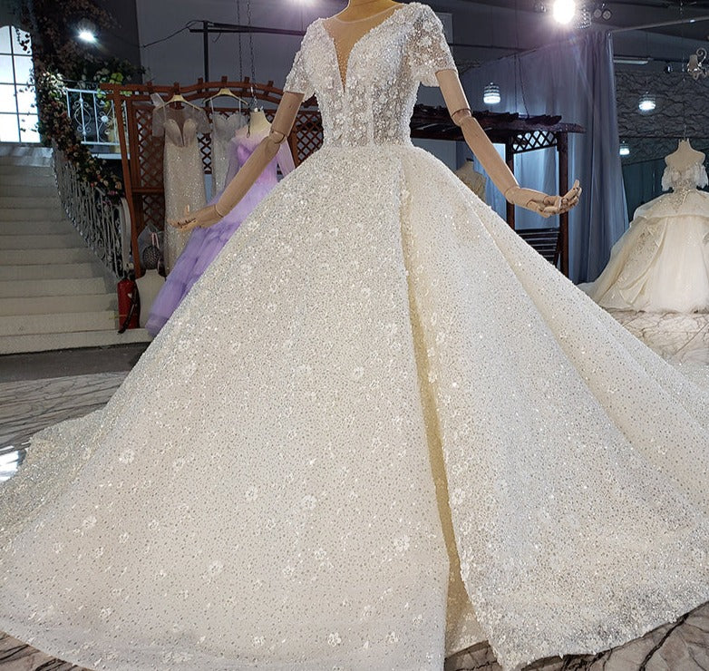 Deep V Neck Short Sleeve Full Sequin Luxury Wedding Dress Bridal Gown