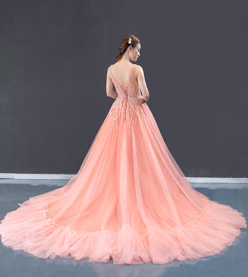 high quality pink long train lace sexy evening dresses - Image 8