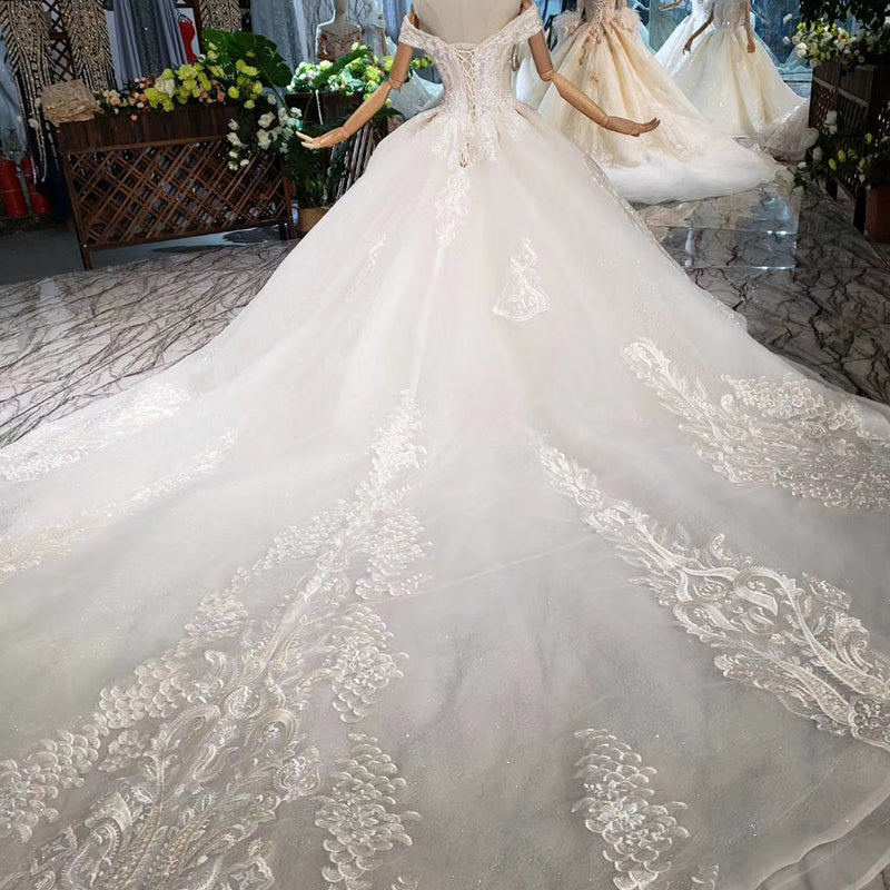 v neck off shoulder glitter fabric wedding dresses - Image 7