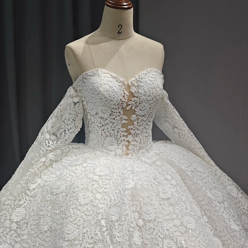 Luxury Lace White Dress Embroidery Wedding Dress Bridal Gown Detachable Sleeves Wedding Dress - Image 4