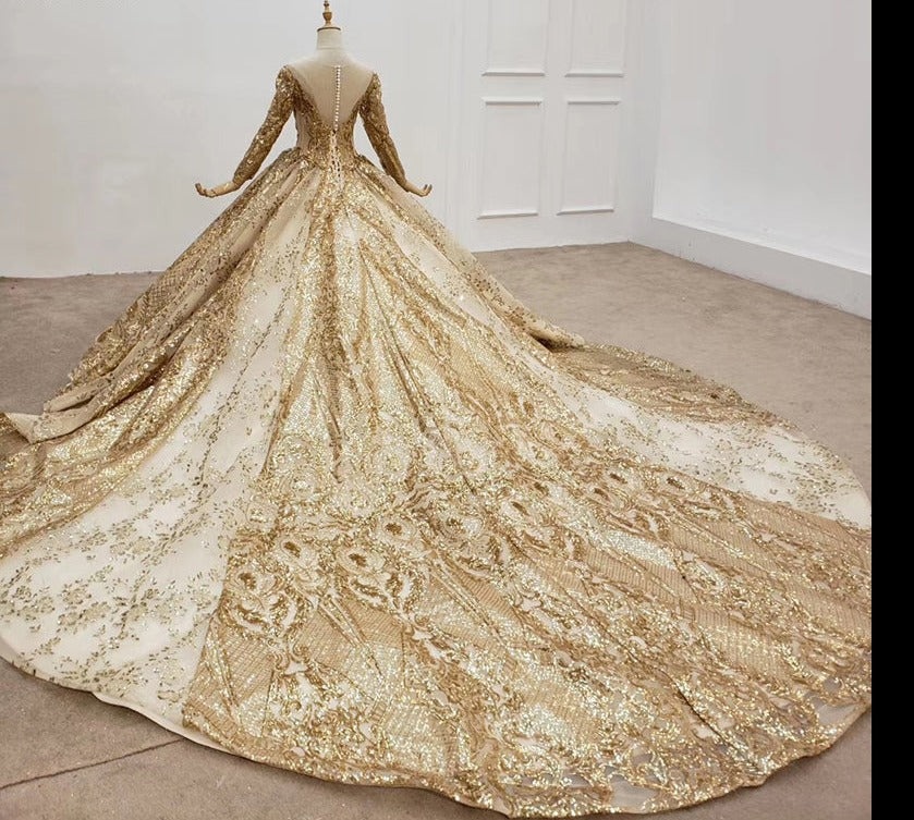 High Quality Gold Designer Luxury Long Sleeve Sequin Wedding Dress - Image 4