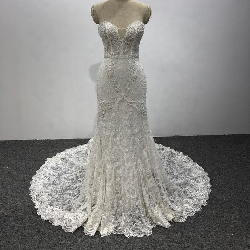 Ladies Luxury Tube Top Diamond Embroidered Lace Bridal Wedding Dress - Image 3