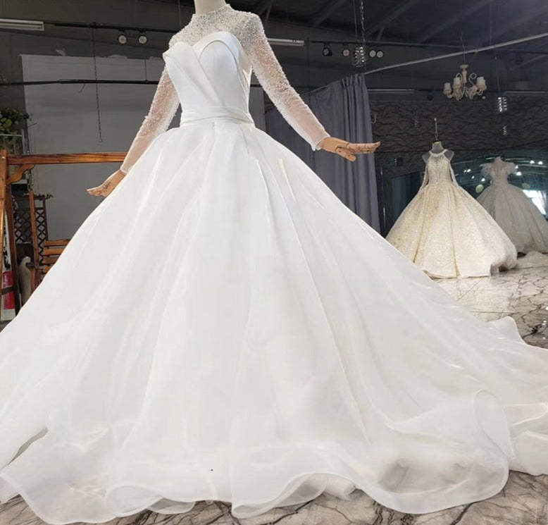 High Neck Long Sleeve Luxury Beading Crystal Wedding Dress