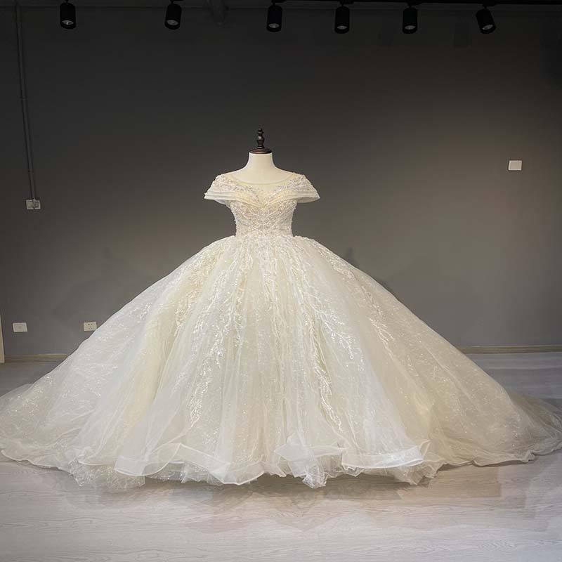 Court Style Bridal Gown Luxury Short Sleeve High Waist Long Tail Wedding Dress