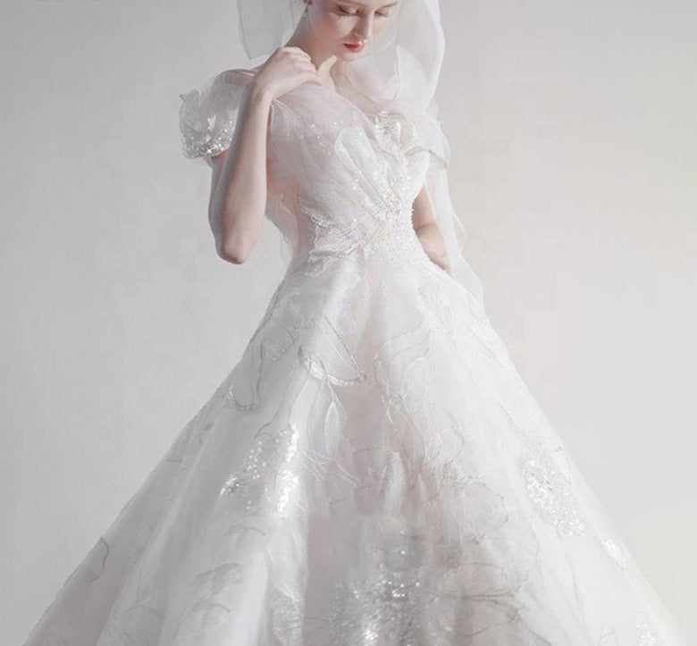Luxury Princess Crystal Bead Sequin Lace Applique Wedding Dress Bridal Gown