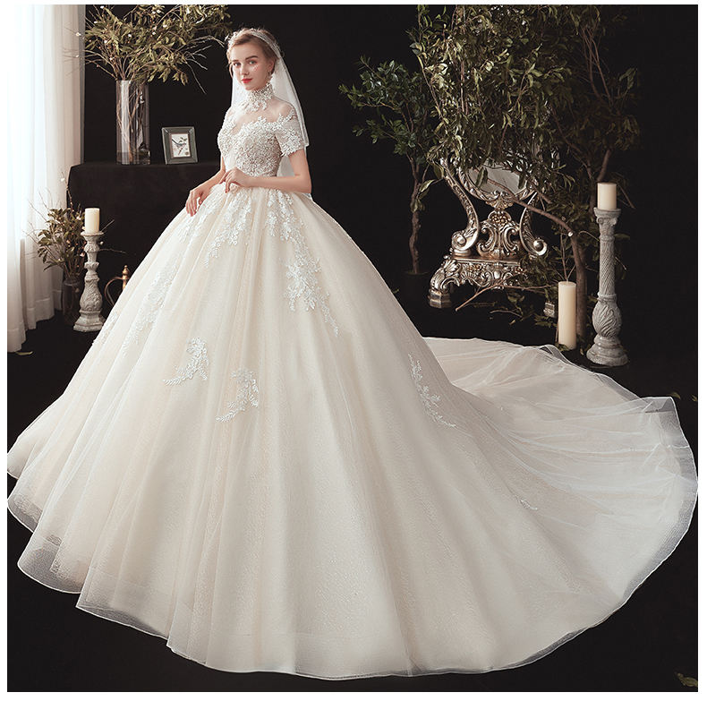 High Neck Short Sleeve Appliques Bridal Gowns Beading Princess Wedding Dress Ball Gown - Image 4