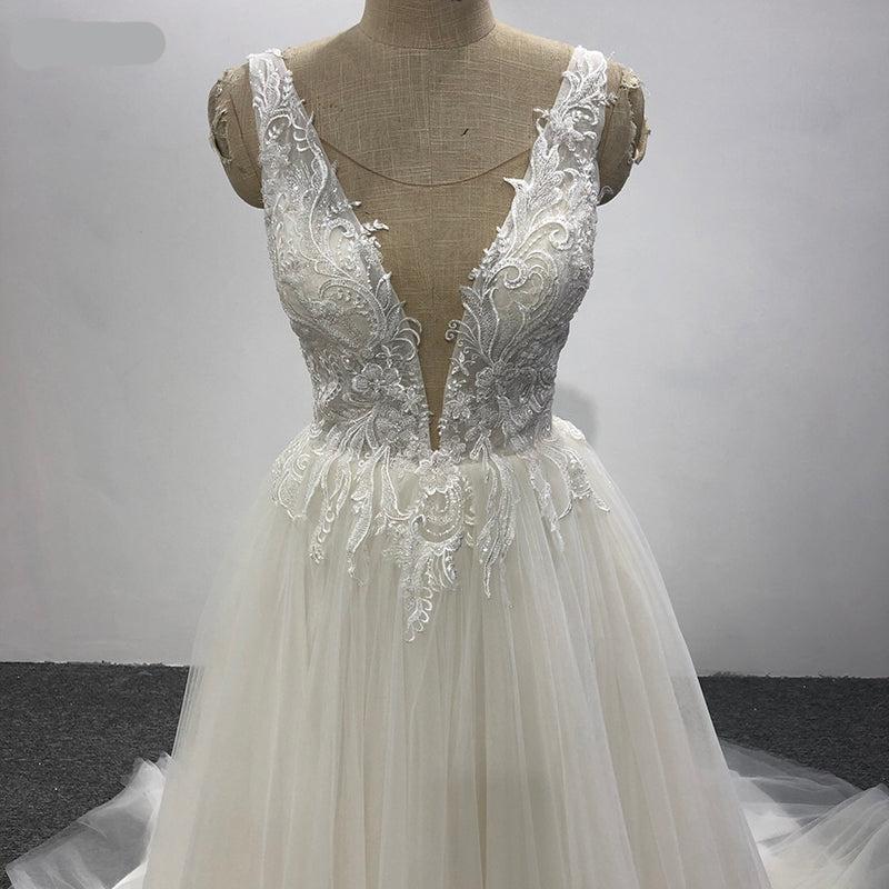 Ladies Formal Lace Deep V Beach Fashion Summer Wedding Bridal Dress - Image 4