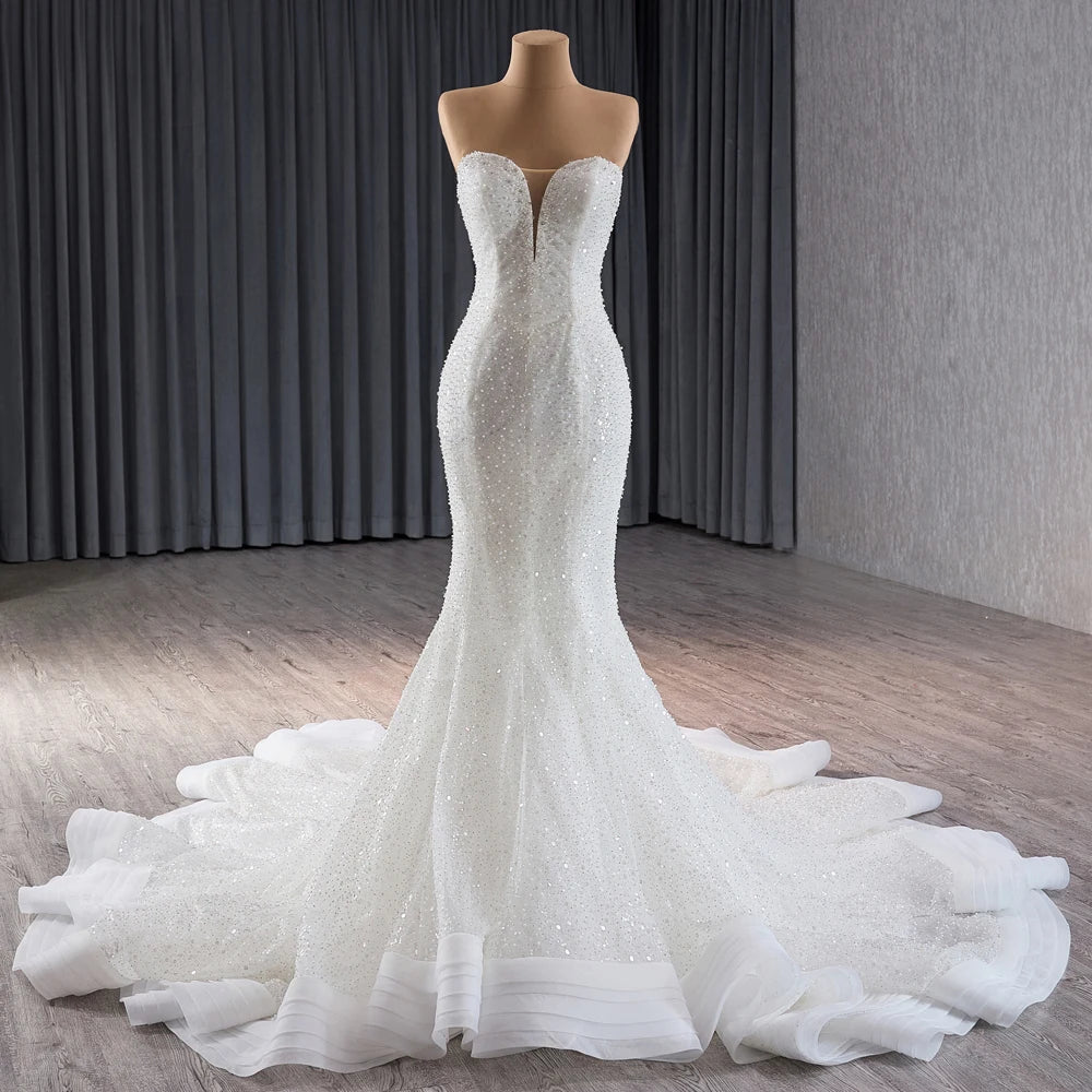 Beach Sweetheart Pearls Slim Mermaid Wedding Dress With Detachable Sleeve - Image 5