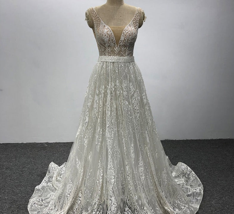 Women'S Fashion Diamond Shiny Embroidered Lace Bridal Wedding Dress