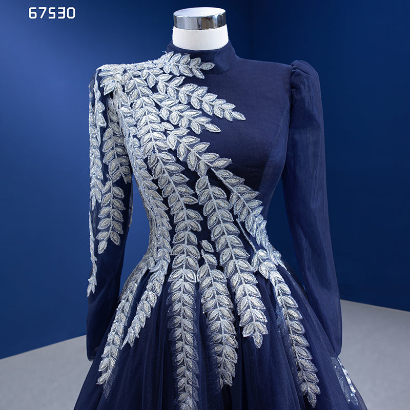Latest Design High Quality Lace Feather Embroidered Long Sleeve Turtleneck Vintage Evening Dress - Image 7