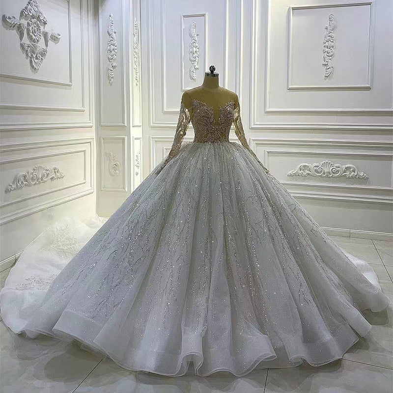 Custom Luxury Bridal Wedding Dress White Crystal Beads Sequins Dress
