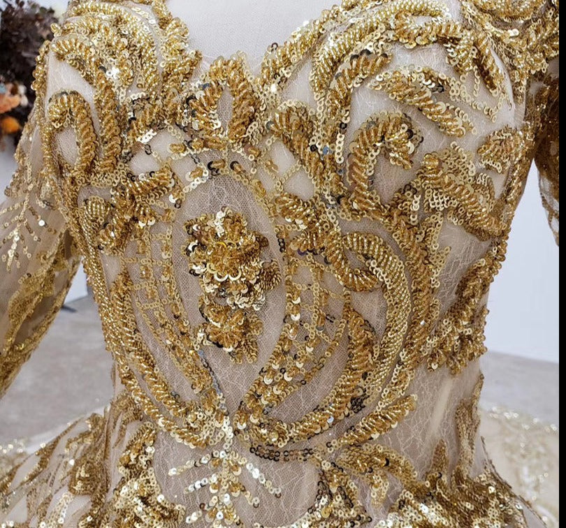 High Quality Gold Designer Luxury Long Sleeve Sequin Wedding Dress - Image 7