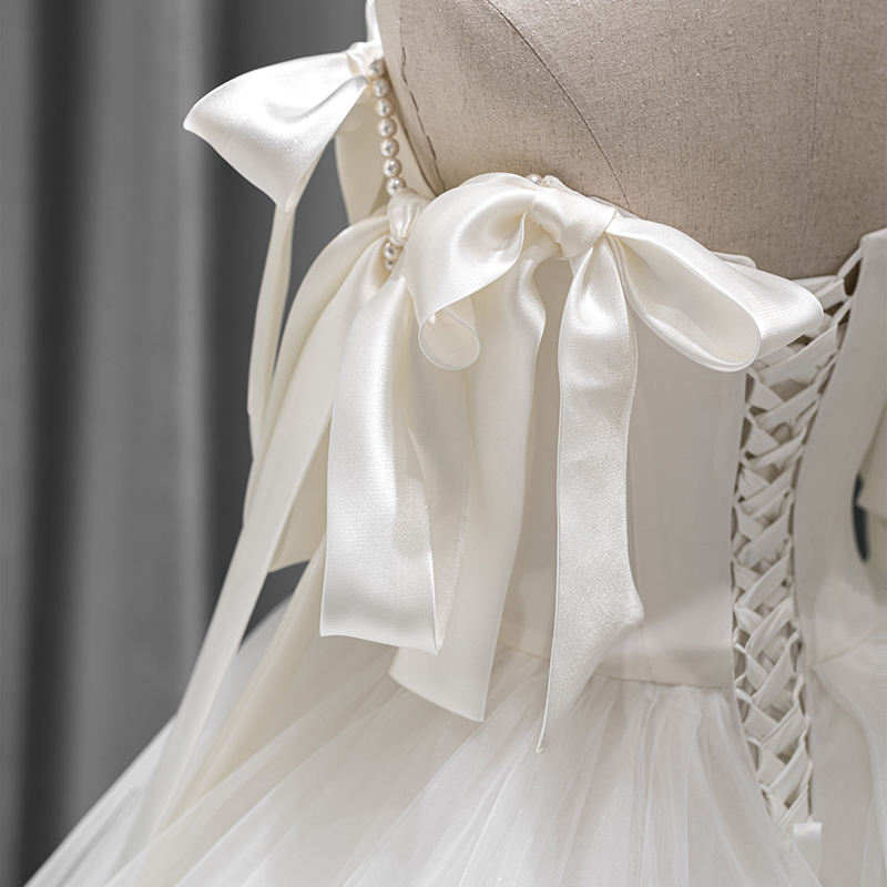 Princess Strapless Bow Sleeveless Lace Up Ball Gown Pearls Wedding Dress - Image 6