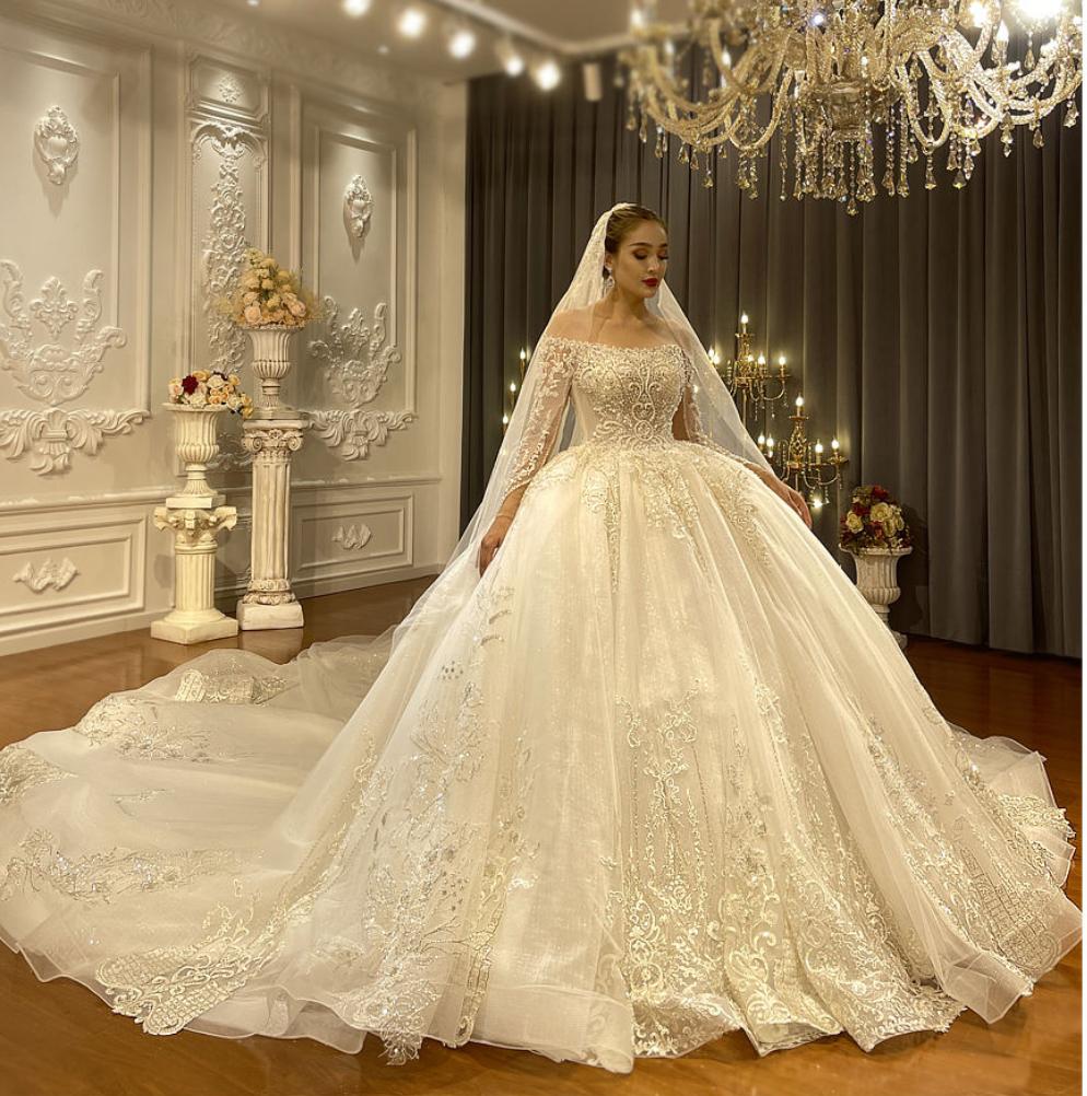 Gorgeous Long Sleeve Wedding Dress Rhinestone Beaded Bridal Dress