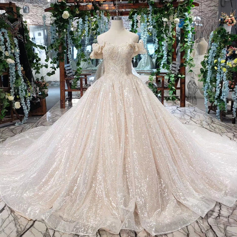 elegant lace bridal off shoulder wedding dress ball gown long train - Image 2
