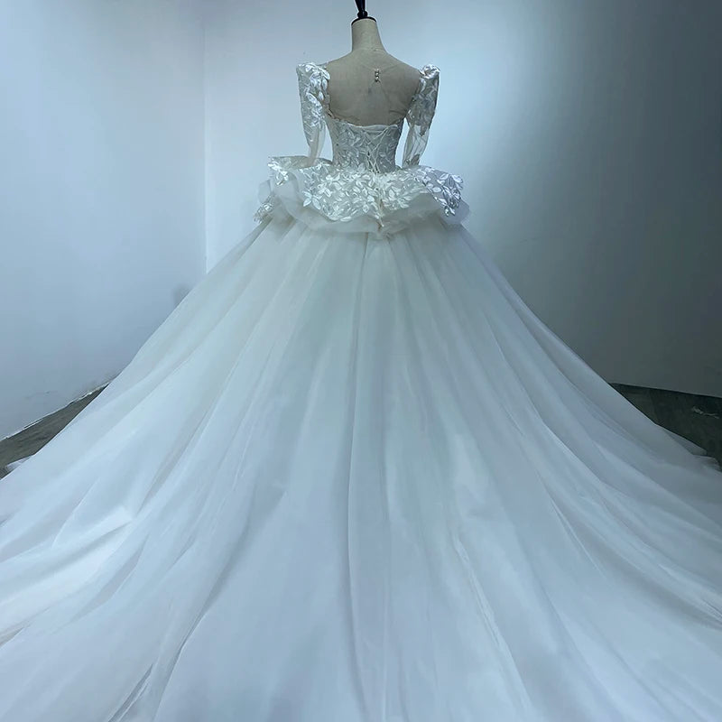 Elegant Applique Embroidery Bling Long Sleeves Layered Yarn Gown Bridal Wedding Dress - Image 4