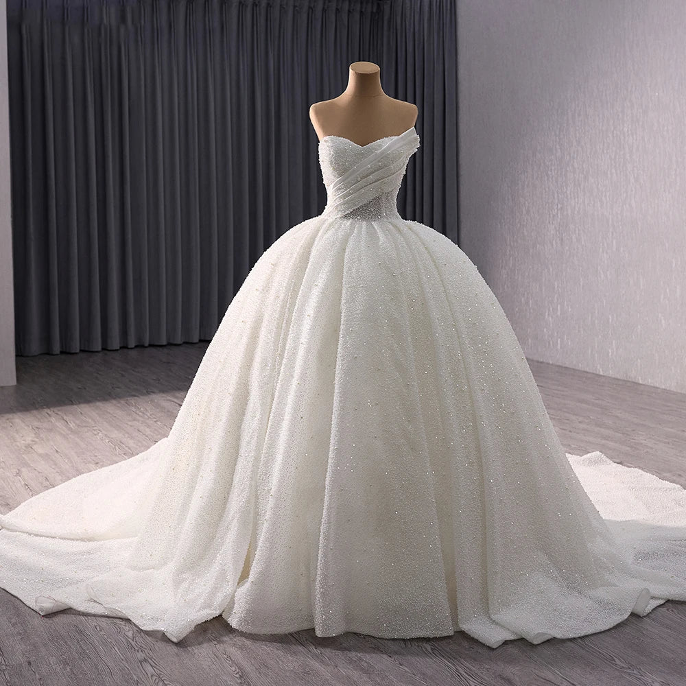 Luxury crystal beaded folds sweetheart sparkling princess ball gown wedding dress