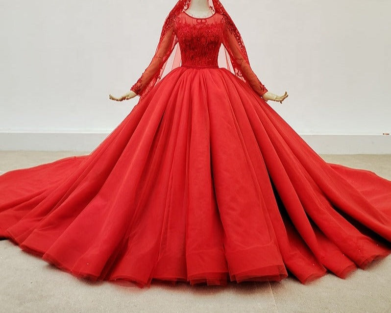 Dresses Women Lady Elegant Long Sleeve Lace Red Evening Dress