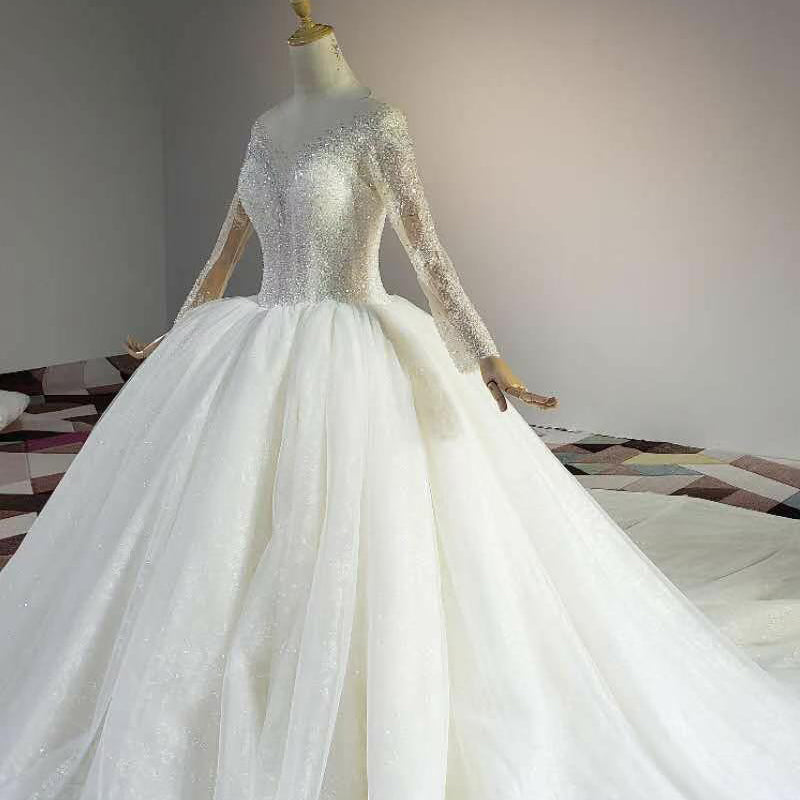Long Sleeve Bride Elegant Lace Beading  Wedding Dress