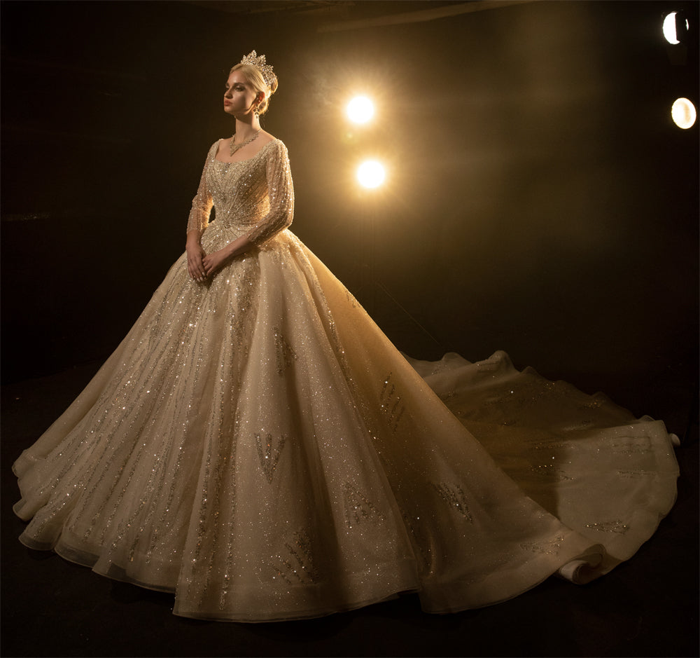 Princess Long Sleeve Bridal Dress Square Neck Beautiful Lace Wedding Beaded Bridal Dress - Image 2