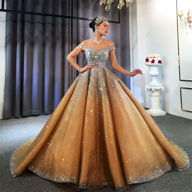 Custom Luxurious Sexy Off Shoulder Pearl Diamond Sparkling Gold Prom Evening Dress