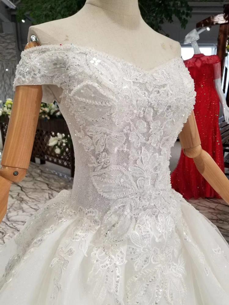 real elegant off shoulder applique long train luxury wedding dress