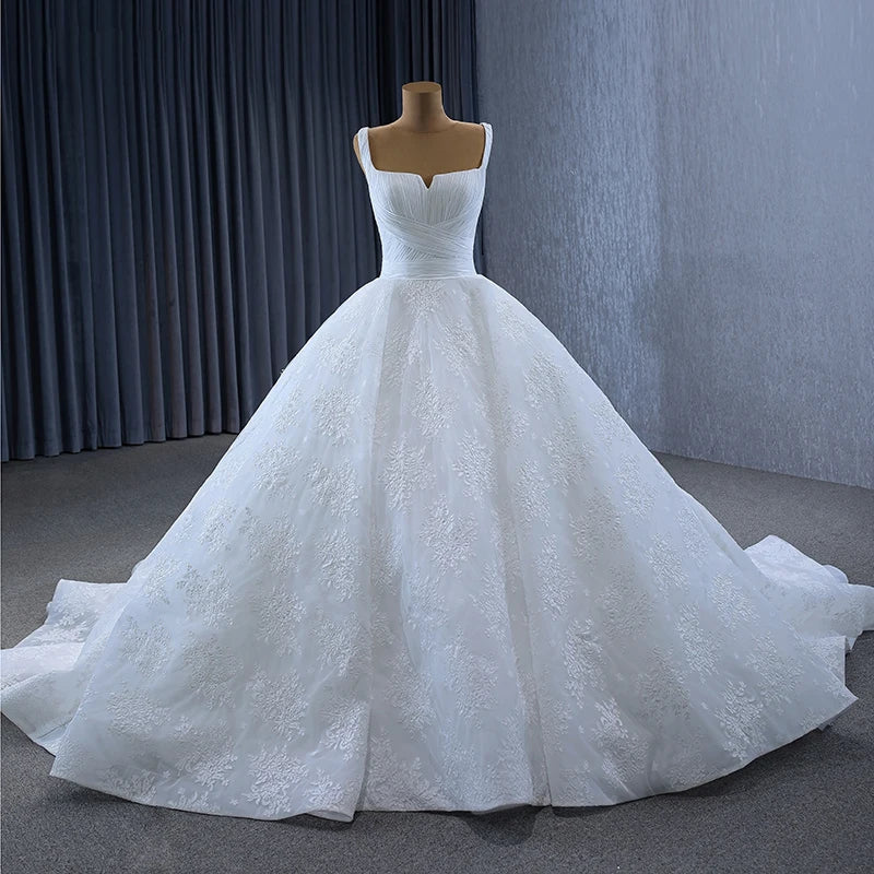 2024 Luxury White Custom Made Square Neck Hand Applique Embroidery Lace Wedding Dress