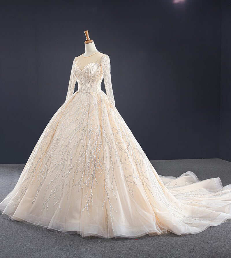 Long Sleeve Bridal Gowns Lace Wedding Dress Ball Gown Beaded Wedding Dress