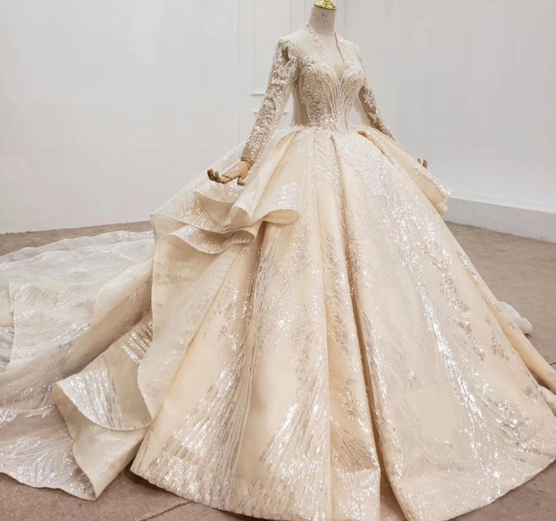 V Neck Beaded Wedding Champagne Dress With Long Sleeves