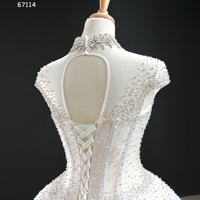 High Neck Beach Heavy Beaded Luxury See Though Wedding Gown - Image 7