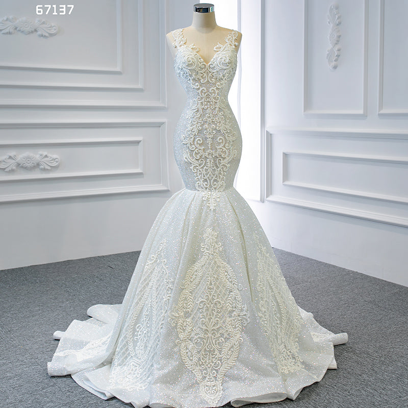 Mermaid Lace Applique Ivory Wedding Dress Bridal Dresses - Image 5