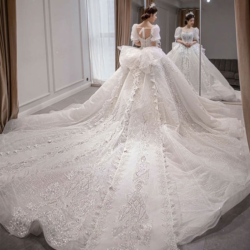 2022 New Puff Sleeve Big Trailing Bride Heavy Industry Luxury French Simple Ladies Wedding Dress - Image 7