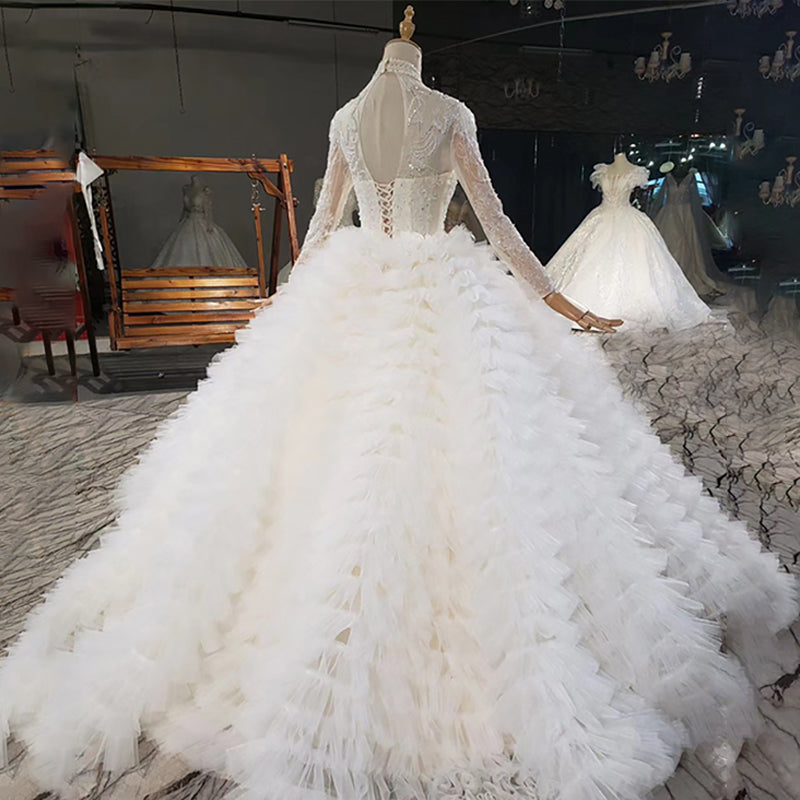 Beautiful High Neck Long Sleeve Sequined Wedding Gown Dress - Image 5