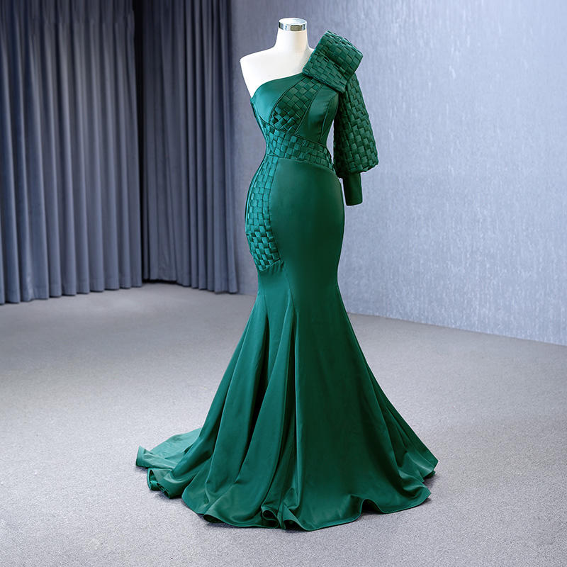 One Shoulder Evening Dress Vintage Green Woven Satin Mermaid Evening Dress - Image 6