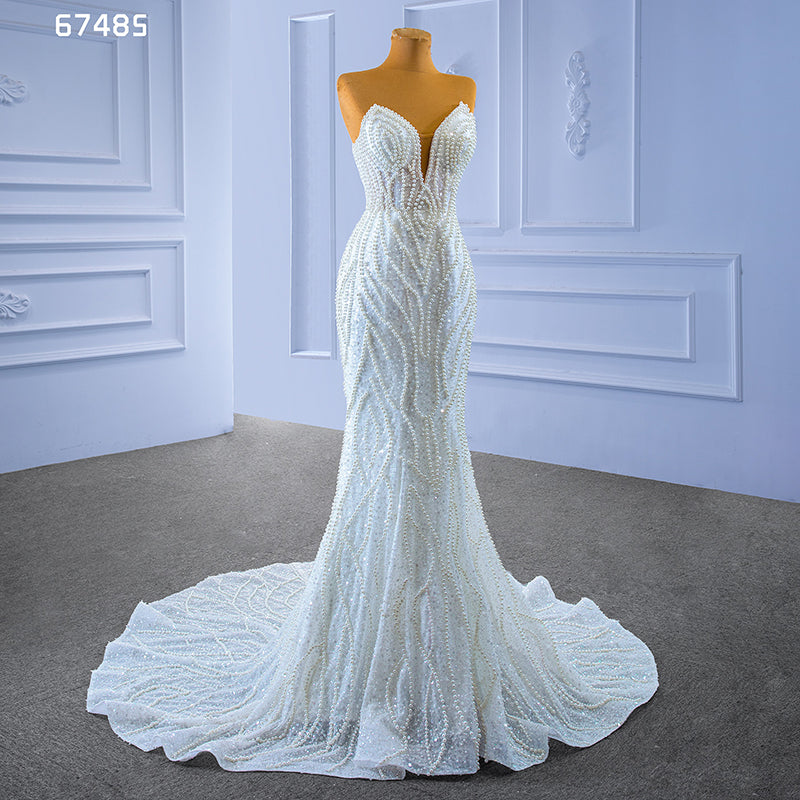 Mermaid Sexy Luxury Beaded White Lace Fabric Bridal Wedding Dress - Image 3