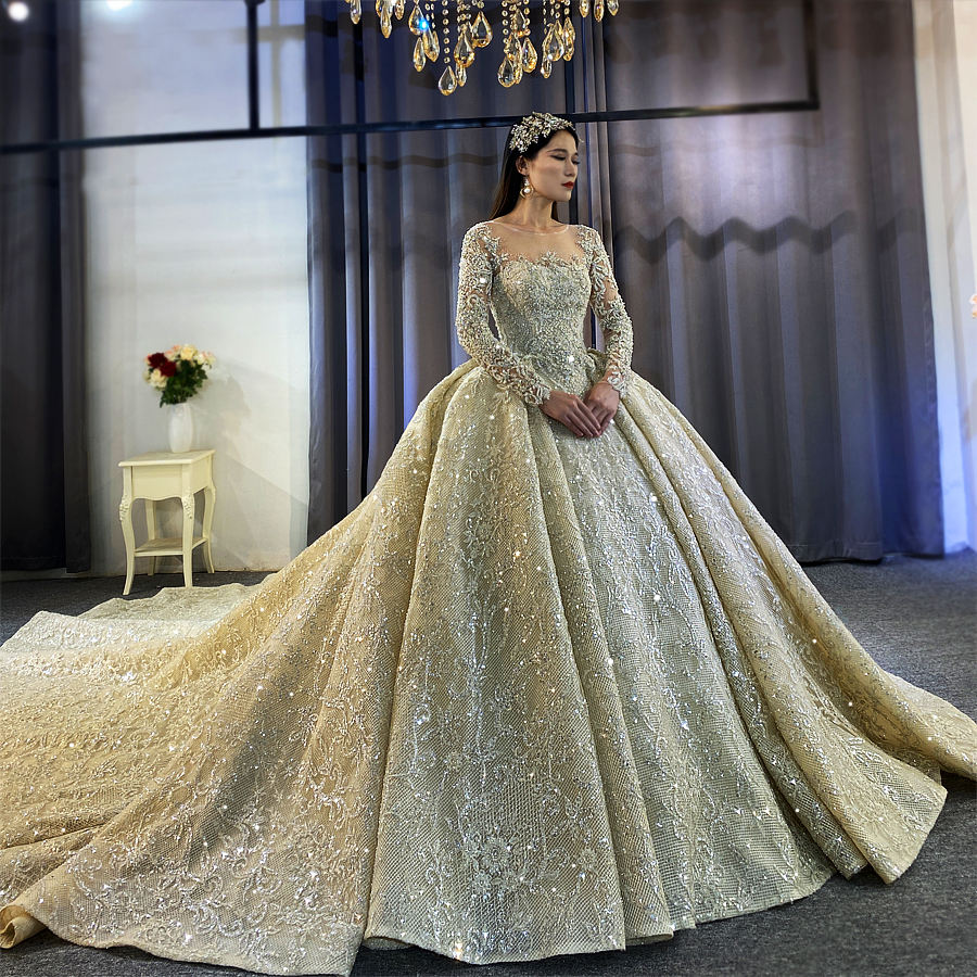 Embroider Champagne Illusion Organza And Tulle Long Ball Gown Wedding dress