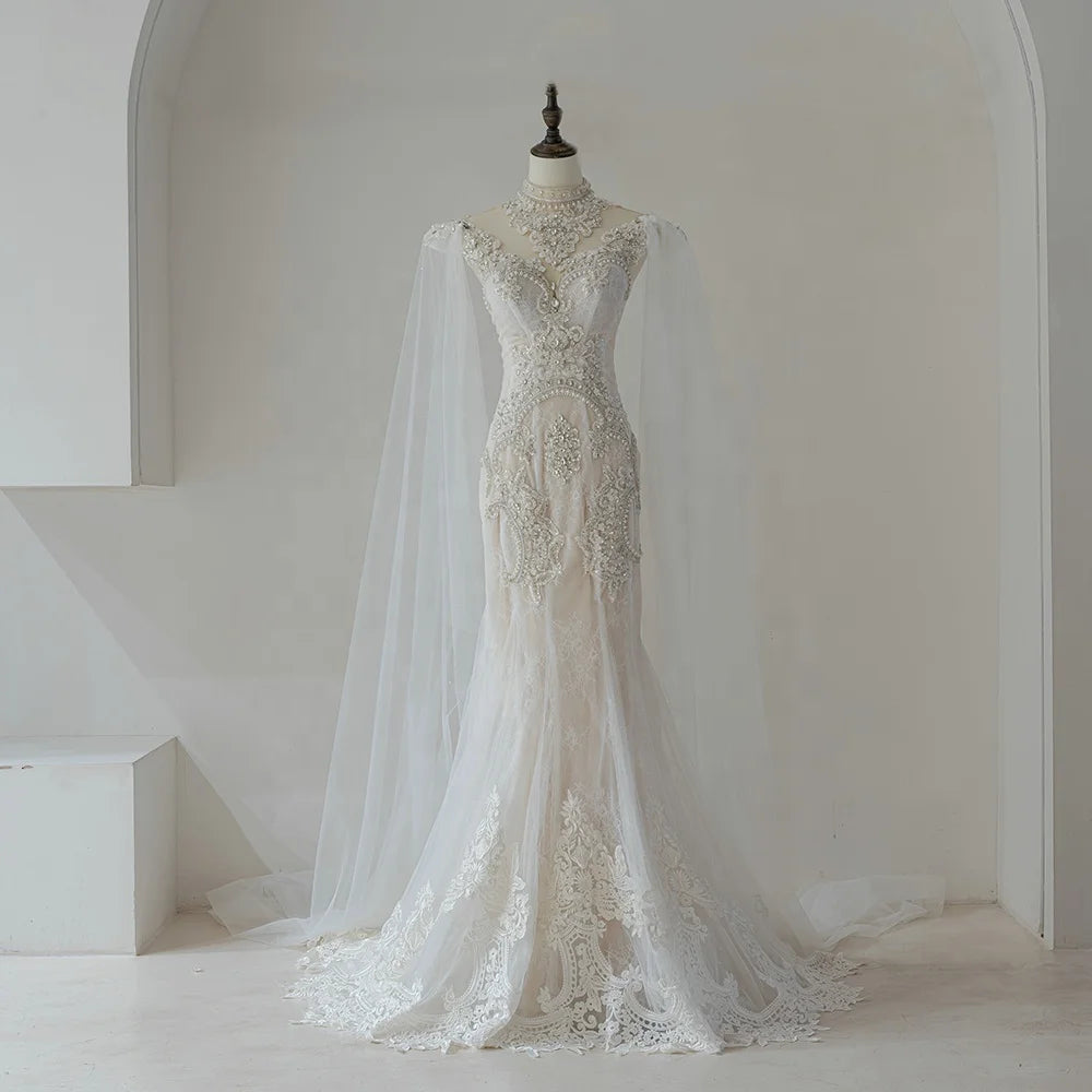 Luxury Beautiful High Neck Mermaid Wedding Dresses With Shawl