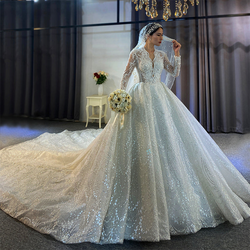 Deluxe Wedding Bride Dress Sexy Deep V -Neck Sequins Lace Wedding Dress - Image 2