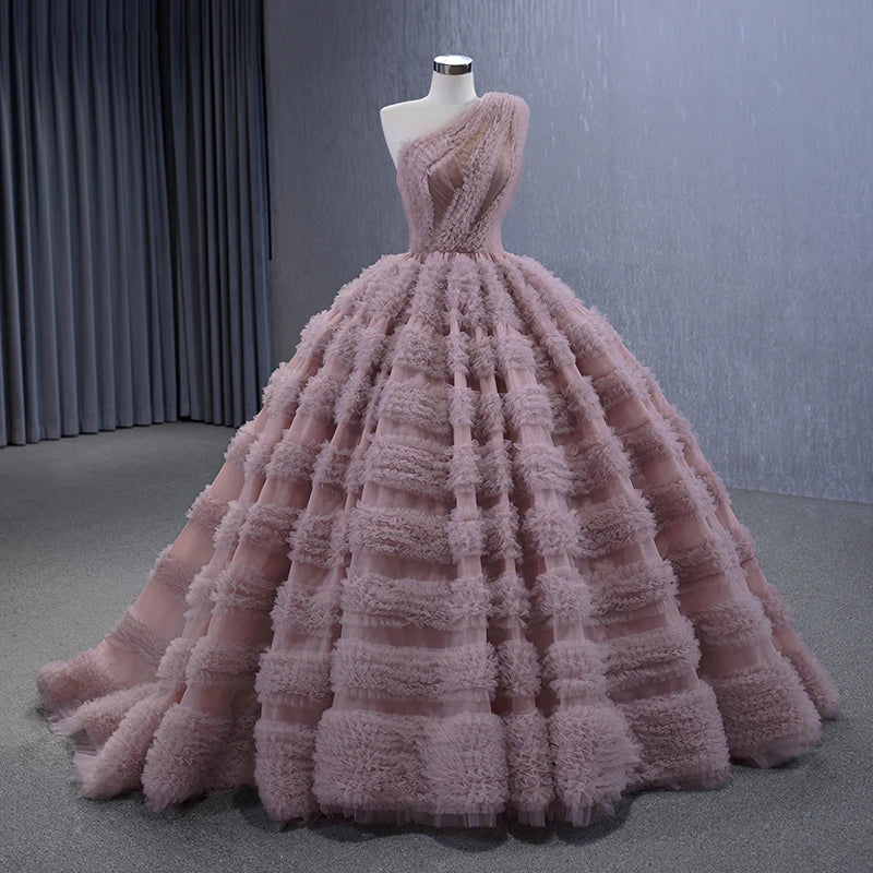 Intricate Shirred Prom Dress One-Shoulder Sleeveless Modest Backless Layered Puffy Tulle Floor Length Party Gowns