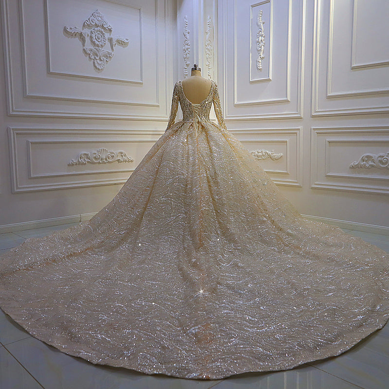 Luxury Wedding Dress Bridal Dress Simple Metal Sequin Long Sleeve Beaded - Image 4